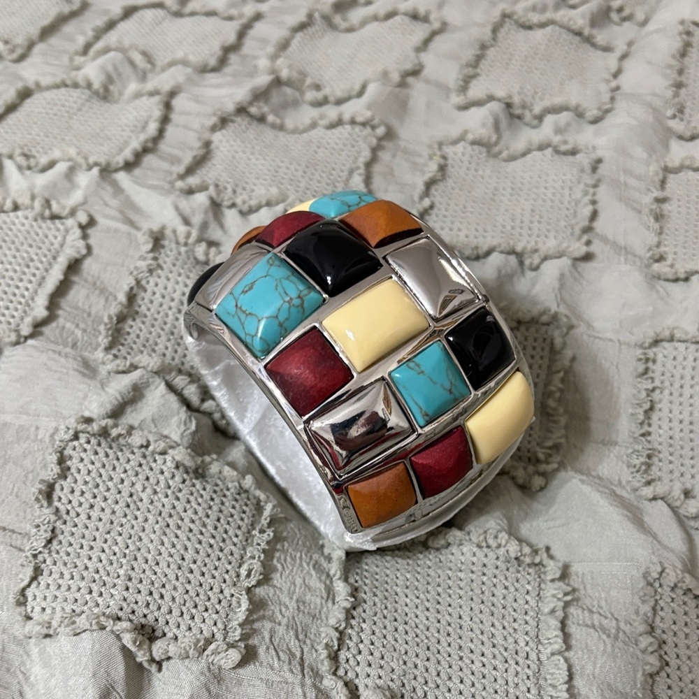 Multicolor Inlay Statement Silver Cuff Bracelet - Women’s Western Jewelry